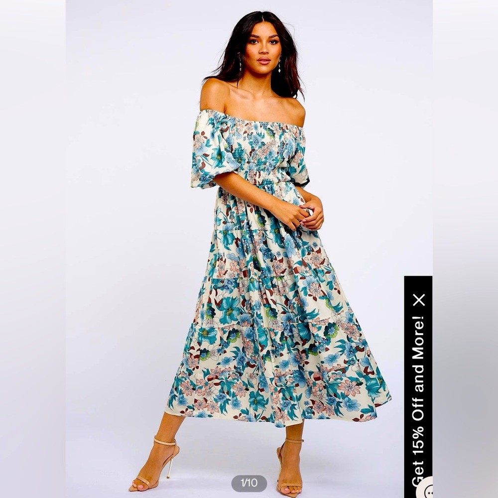 NWT💥Allport Green Floral Print Off-The-Shoulder Smocked Midi Dress, Brand New.